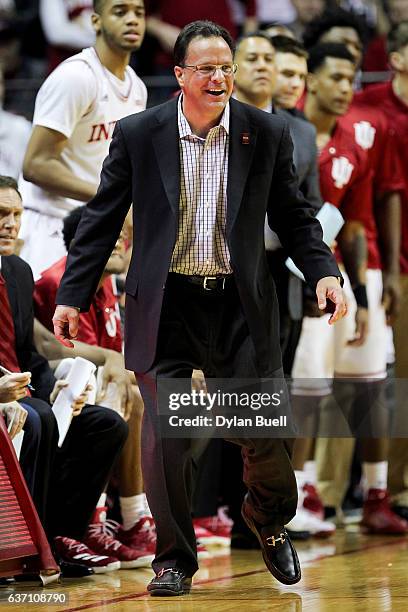 Head coach Tom Crean of the Indiana Hoosiers reacts in the second half against the Nebraska Cornhuskers at Assembly Hall on December 28, 2016 in...