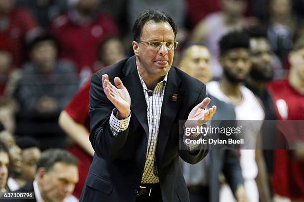 Head coach Tom Crean of the Indiana Hoosiers reacts in the second half against the Nebraska Cornhuskers at Assembly Hall on December 28, 2016 in...