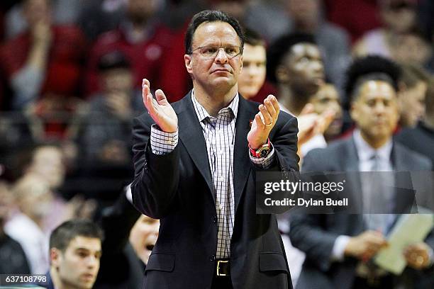 Head coach Tom Crean of the Indiana Hoosiers reacts in the second half against the Nebraska Cornhuskers at Assembly Hall on December 28, 2016 in...