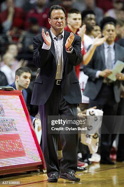 Head coach Tom Crean of the Indiana Hoosiers reacts in the second half against the Nebraska Cornhuskers at Assembly Hall on December 28, 2016 in...