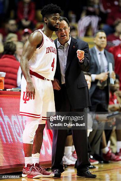 Head coach Tom Crean of the Indiana Hoosiers talks with Robert Johnson in the second half against the Nebraska Cornhuskers at Assembly Hall on...