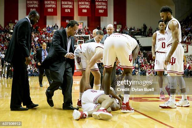 Juwan Morgan of the Indiana Hoosiers lays on the ground after being injured in the second half against the Nebraska Cornhuskers at Assembly Hall on...