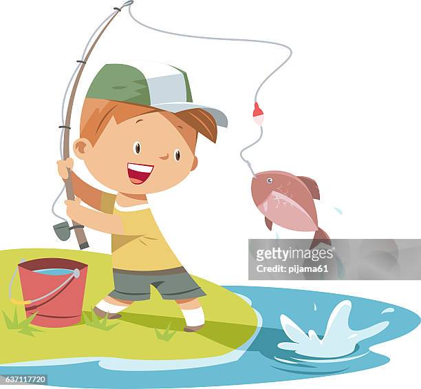 illustrations, cliparts, dessins animés et icônes de petit garçon pêche - attraper