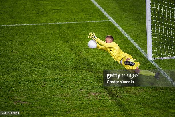 goalkeeper diving - soccer goal stock pictures, royalty-free photos & images