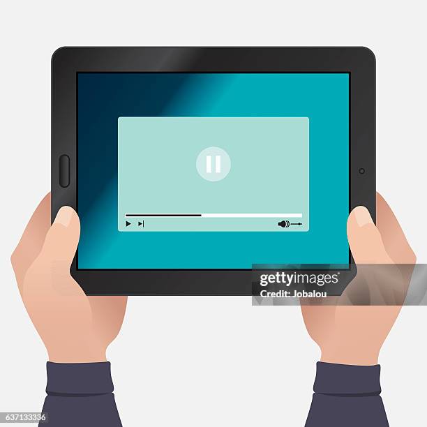 hands holding tablet with paused video - human body part videos stock illustrations