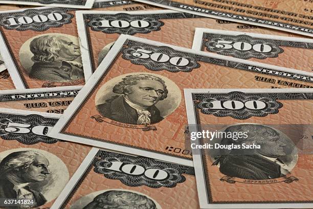 close-up of us patriot bonds certificates of various values - government funding stock pictures, royalty-free photos & images