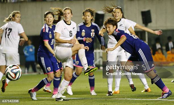 Japan - Yuika Sugasawa scores in the second half of a women's international friendly soccer match against New Zealand in Osaka on May 8, 2014. Japan...