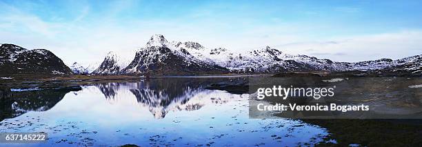 winter landscape with reflection on lofoten islands near svolvaer, norway - veronica winter stock pictures, royalty-free photos & images