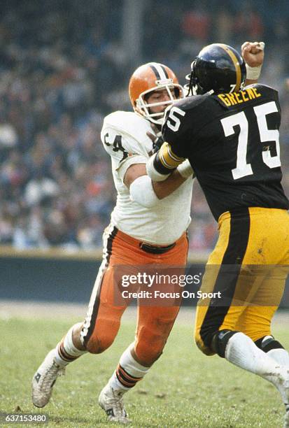 Tom DeLeone of the Cleveland Browns in action blocking Joe Greene of the Pittsburgh Steelers during an NFL football game October 15, 1978 at...