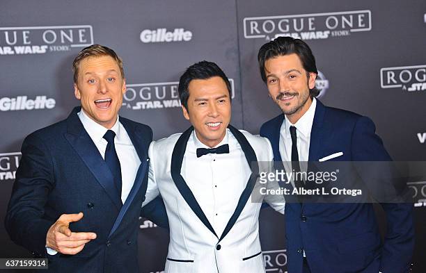 Actors Alan Tudyk, Donnie Yen and Diego Luna arrive for the Premiere Of Walt Disney Pictures And Lucasfilm's "Rogue One: A Star Wars Story" held at...