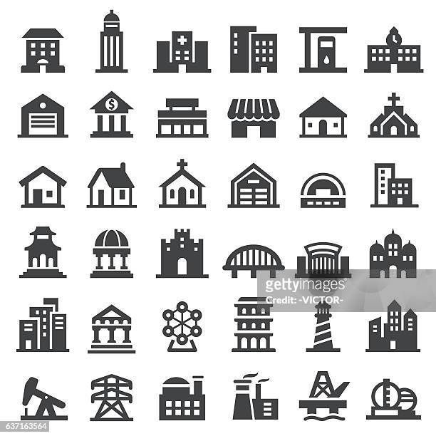 ilustrações, clipart, desenhos animados e ícones de conjunto de ícones de edifícios - grande série - banco edifício financeiro