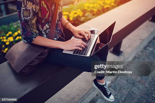 teenage girl using lap top at the bridge - blogger with laptop stockfoto's en -beelden