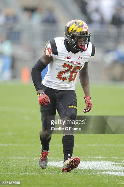 Darnell Savage Jr. #26 of the Maryland Terrapins lines up against the Penn State Nittany Lions at Beaver Stadium on October 8, 2016 in State College,...