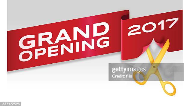 stockillustraties, clipart, cartoons en iconen met grand opening ribbon cutting banner store opening - openingsevenement