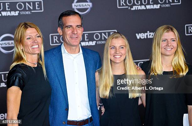 Los Angeles Mayor Eric Garcetti and Amy Wakeland with daughters arrive for the Premiere Of Walt Disney Pictures And Lucasfilm's "Rogue One: A Star...