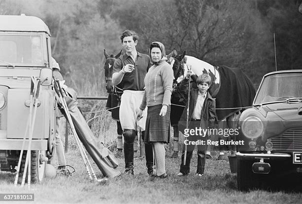 Prince Charles takes part in a polo match in Windsor Great Park, accompanied by the Queen and Prince Edward, UK, 1st May 1971.