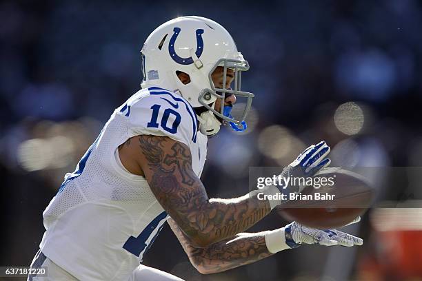 Wide receiver Donte Moncrief of the Indianapolis Colts catches a pass before a game against the Oakland Raiders on December 24, 2016 at...