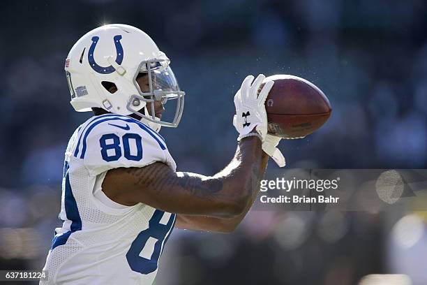 Wide receiver Chester Rogers of the Indianapolis Colts catches a pass before a game against the Oakland Raiders on December 24, 2016 at...