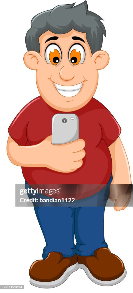 Funny Fat Man Cartoon Playing Mobile Phone High-Res Vector Graphic - Getty  Images