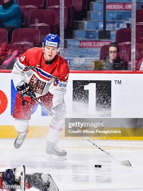 Filip Chlapik of Team Czech Republic looks to play the puck during the 2017 IIHF World Junior Championship preliminary round game against Team...