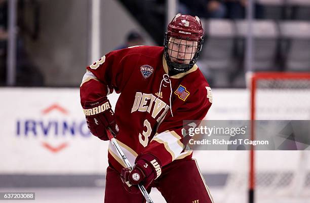 Tariq Hammond of the Denver Pioneers warms up prior to an NCAA hockey game against the Providence College Friars at the Schneider Arena on December...