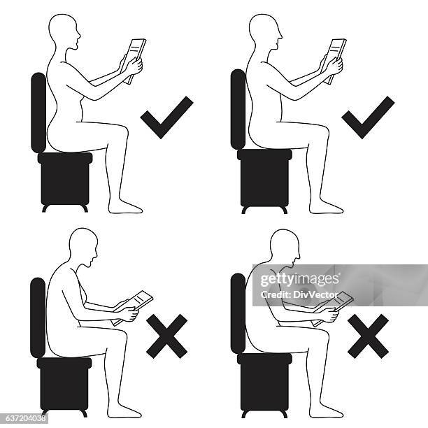 correct and incorrect reading position - correct sitting posture stock illustrations
