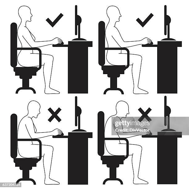 correct and incorrect sitting posture at computer. - correct sitting posture stock illustrations