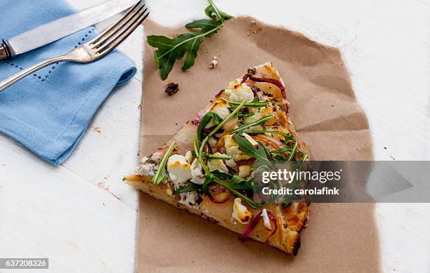 tarte flambée with goat cheese and apple slides - carolafink stock pictures, royalty-free photos & images