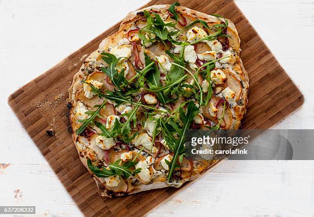 tarte flambée with goat cheese and apple slides - carolafink stock pictures, royalty-free photos & images