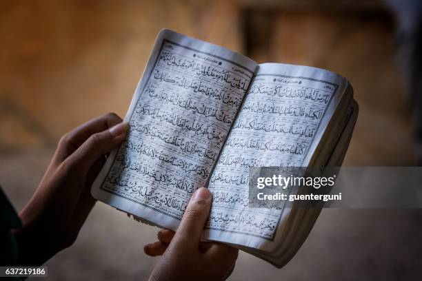 weibliche hände halten ein koranbuch - koran stock-fotos und bilder