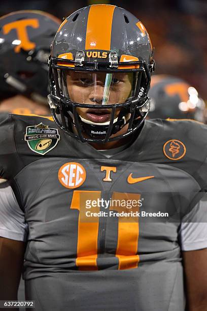 Joshua Dobbs of the University of Tennessee Volunteers watches from the sideline during a game against the Nebraska Cornhuskers during the Franklin...