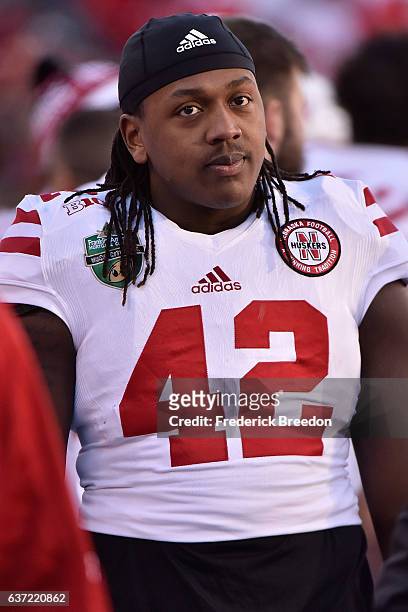Trey Foster of the Nebraska Cornhuskers watches from the sideline during a game against the University of Tennessee Volunteers during the Franklin...