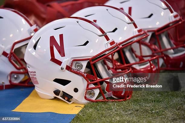 Helmet of the Nebraska Cornhuskers rests on the sideline during a game against the University of Tennessee Volunteers during the Franklin American...