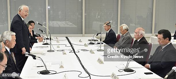 Japan - Keidanren Chairman Hiromasa Yonekura speaks during a meeting on an export promotion plan for domestic agricultural products with Akira...