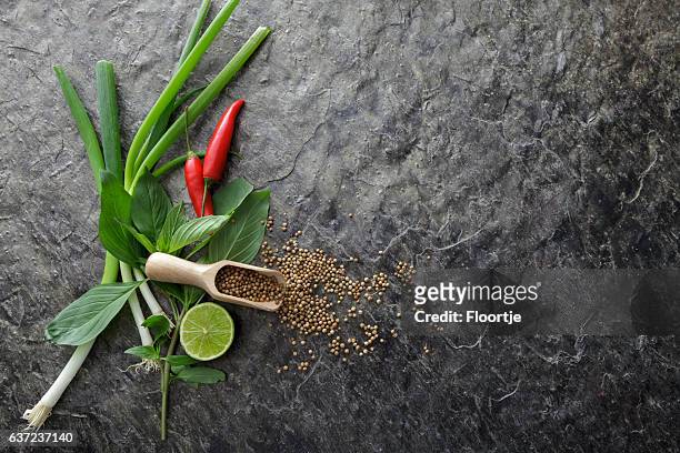 asian food: ingredients for asian cooking still life - lime overhead stock pictures, royalty-free photos & images