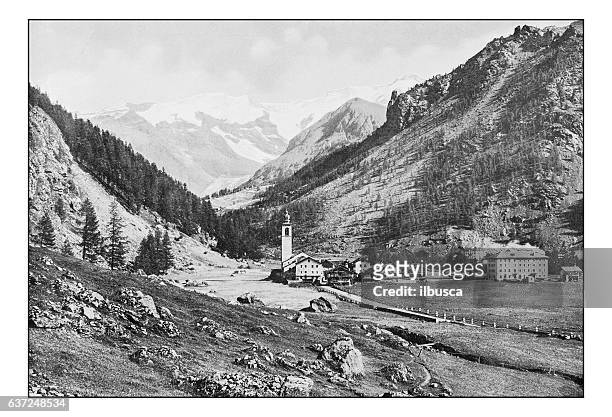 antique dotprinted photographs of italy: piedmont and alps, gressoney - valle d'aosta stock illustrations