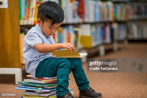 little boy looking at books - öffentliche bibliothek stock-fotos und bilder