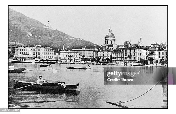 antique dotprinted photographs of italy: alpine lakes, como - lake como people stock illustrations