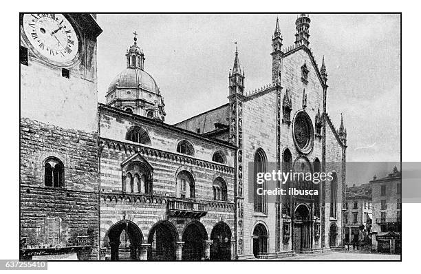 antique dotprinted photographs of italy: alpine lakes, como cathedral - obsolete stock illustrations