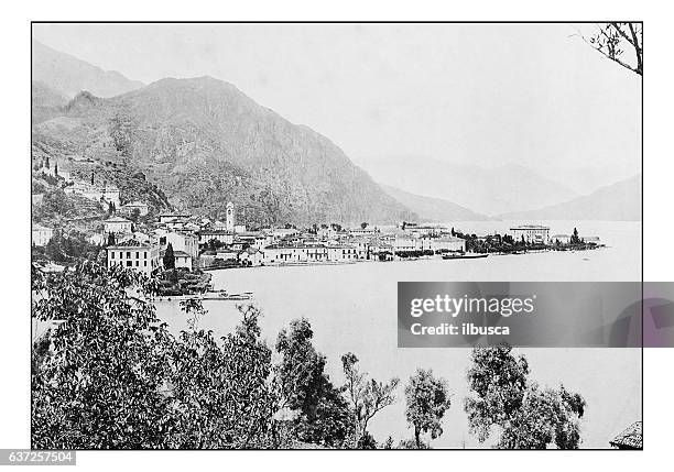 antique dotprinted photographs of italy: alpine lakes, lake como, menaggio - lake como boat stock illustrations