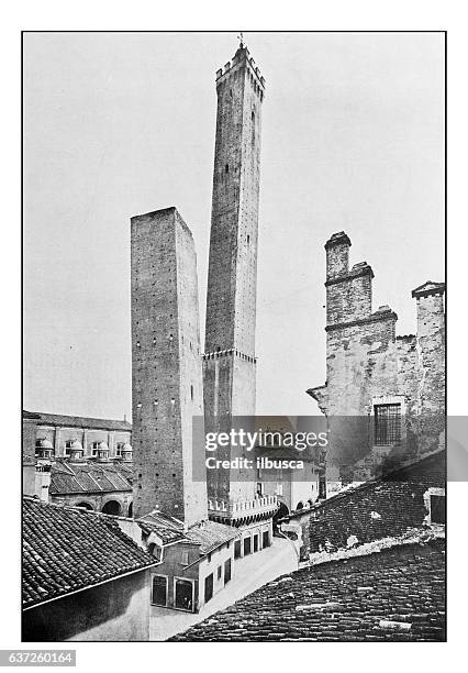 stockillustraties, clipart, cartoons en iconen met antique dotprinted photographs of italy: lombardy and emilia, bologna towers - bologna