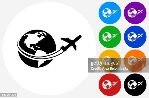 reisen der welt-ikone auf flachen farbkreis-tasten - alex globe stock-grafiken, -clipart, -cartoons und -symbole