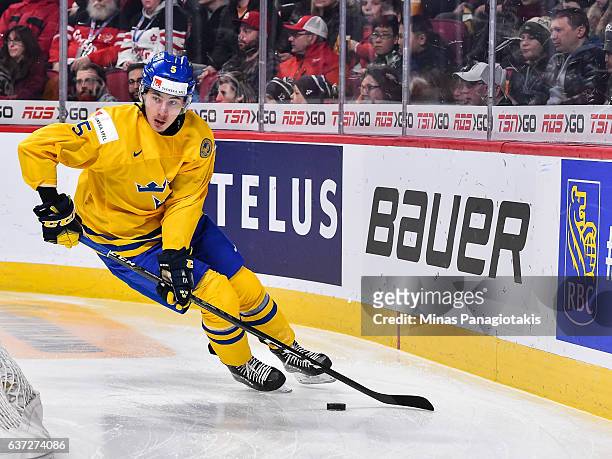 David Bernhardt of Team Sweden skates the puck during the 2017 IIHF World Junior Championship preliminary round game against Team Czech Republic at...