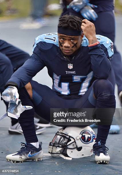 Antwon Blake of the Tennessee Titans watches from the sideline during a game against the Houston Texans at Nissan Stadium on January 1, 2017 in...