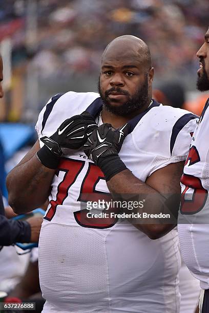 Vince Wilfork of the Houston Texans watches from the sideline during a game against the Tennessee Titans at Nissan Stadium on January 1, 2017 in...