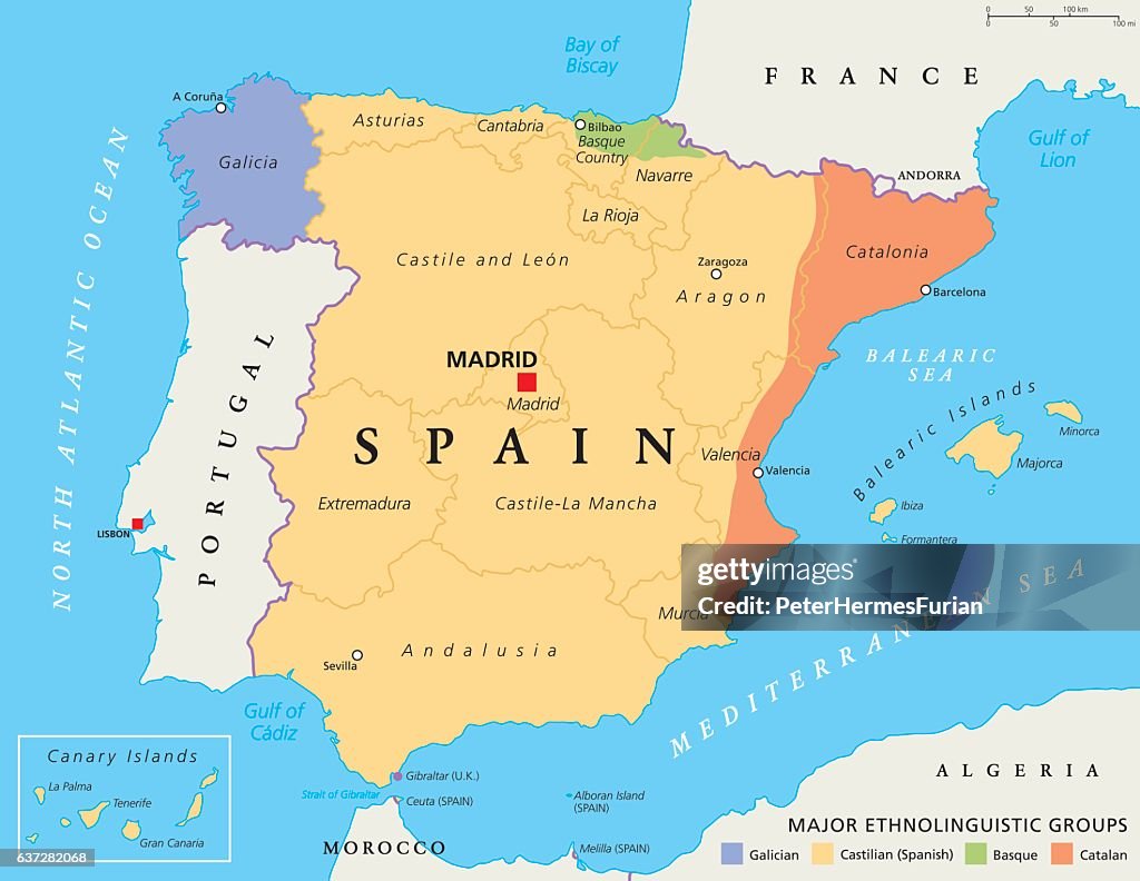 Spain Development Map Spain Autonomous Communities Political Map High-Res Vector Graphic ...