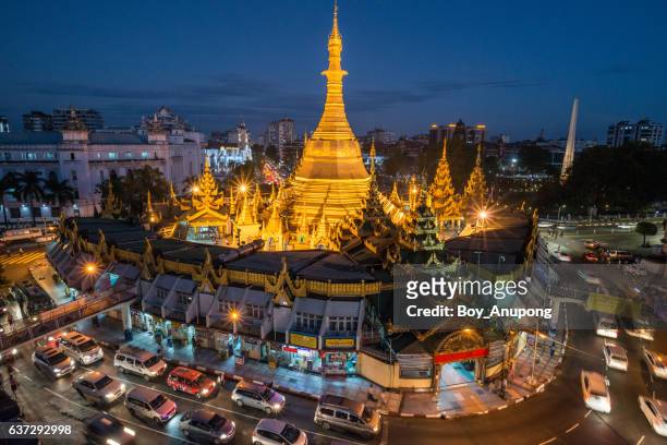 the scenery view of yangon nightlife and sule pagoda in the centre. - sule pagoda stock pictures, royalty-free photos & images