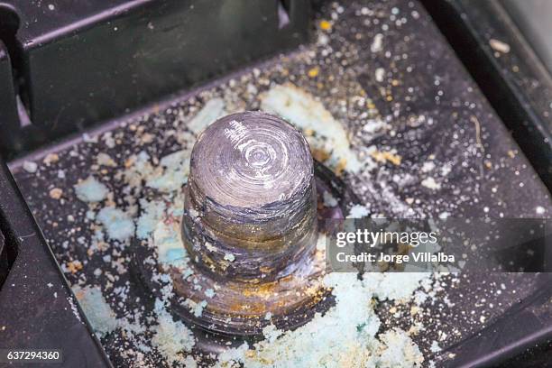 car battery terminal with corrosion on lead post - acid warning stock pictures, royalty-free photos & images