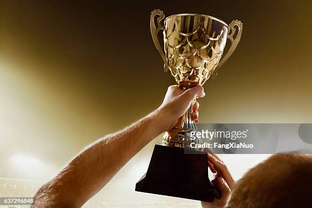 athlete holding trophy cup above head in stadium - trophy bildbanksfoton och bilder