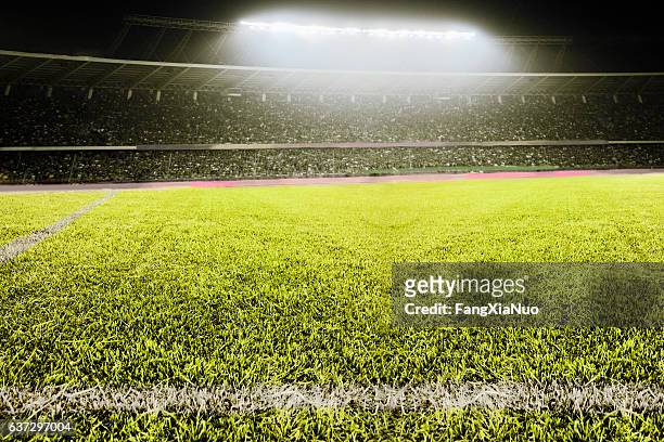 view of athletic soccer football field - internationaal voetbalevenement stockfoto's en -beelden